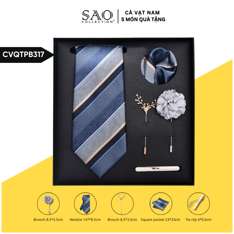 Cà Vạt Nam Combo 5 Món Cao Cấp – Cà Vạt Lụa, Khăn, Kẹp, Ghim, Măng Sét – Phụ Kiện Vest Quà Tặng Lịch Lãm (CVQTPB317)