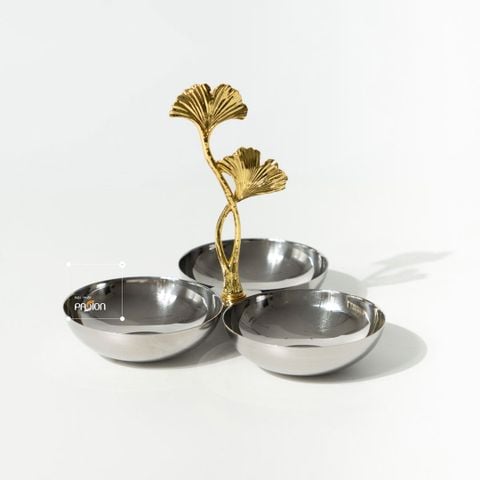 Khay Decor 3 Ngăn Inox Hình Lá Bạch Quả Sang Trọng