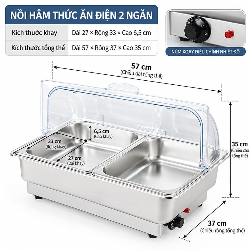 Khay Hâm Nóng Thức Ăn Buffet Điện Inox Có Nắp