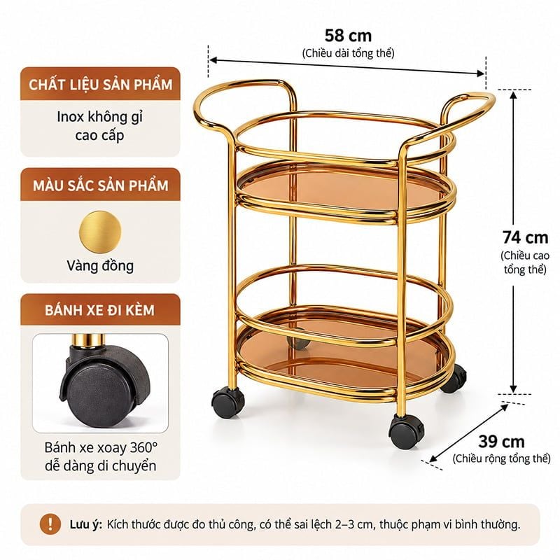 Xe Đẩy Phục Vụ Rượu Đồ Uống 2 Tầng Inox Có Bánh Xe