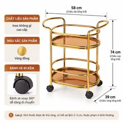 Xe Đẩy Phục Vụ Rượu Đồ Uống 2 Tầng Inox Có Bánh Xe