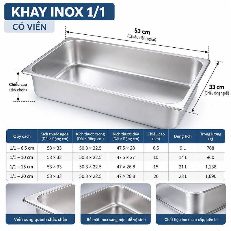 Khay Gastronorm Inox 304 Đựng Thực Phẩm Nhà Hàng Khách Sạn