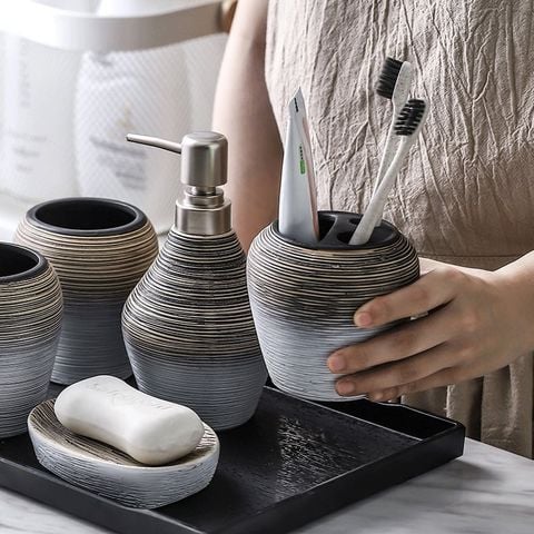 Bộ Phụ Kiện Phòng Tắm Gốm 5 Món Vân Nổi Wabi Sabi