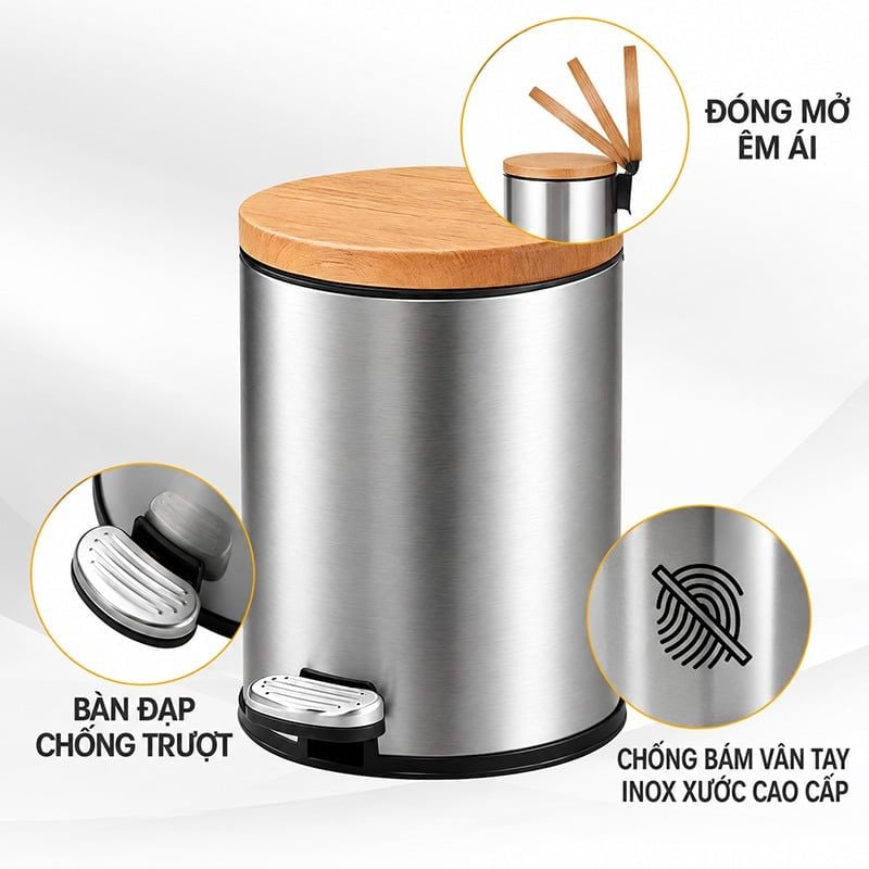 Thùng Rác Inox Đạp Chân Nắp Êm Cho Khách Sạn