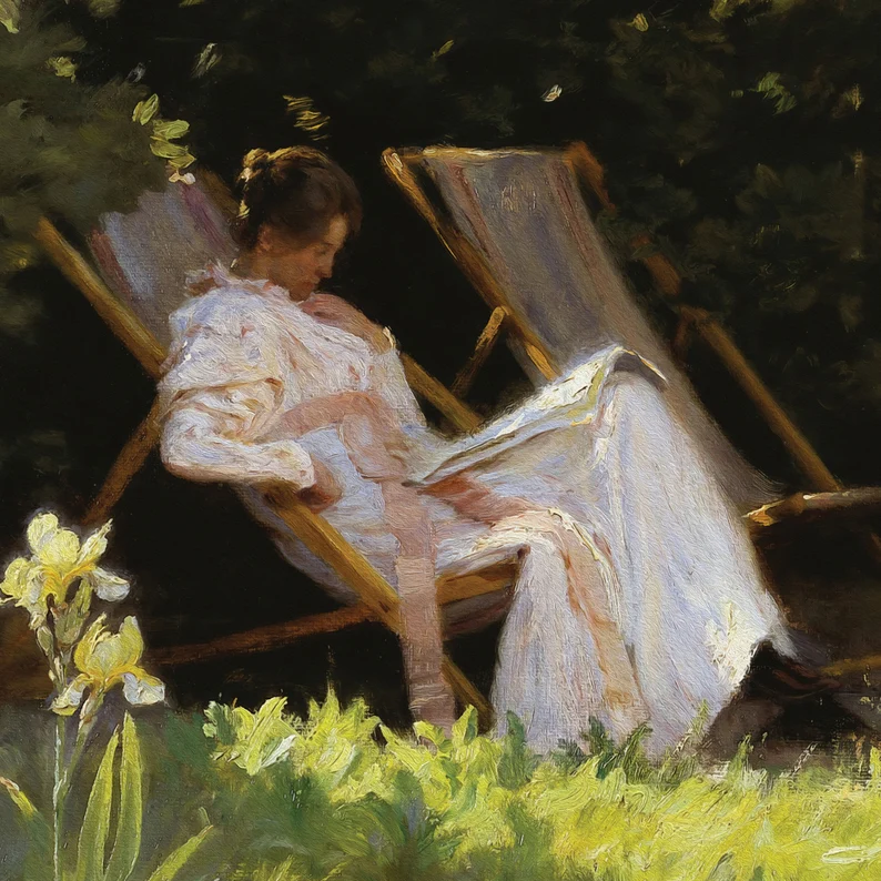 Tranh Treo Tường Cô Gái Ngồi Trong Sân Vườn Hoa