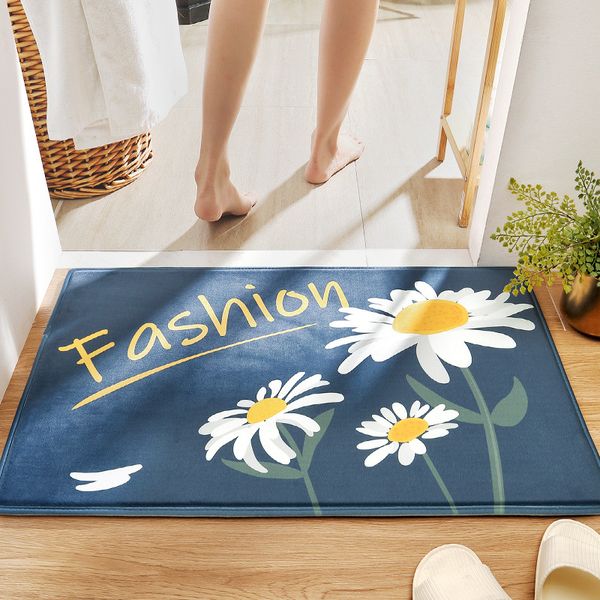 Thảm lau chân nhung mềm chần xốp dày êm ái họa tiết hoa cúc xanh 50x80cm - Nội Thất Passion