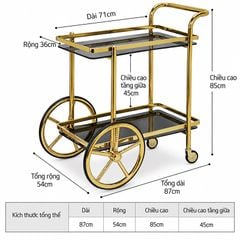 Xe Đẩy Phục Vụ Inox Mạ Vàng 2 Tầng Mặt Kính