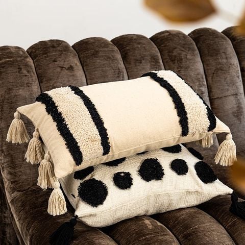 Vỏ Gối Tựa Lưng Sofa Morocco Bohemian Nordic Trắng Đen Dệt Nổi