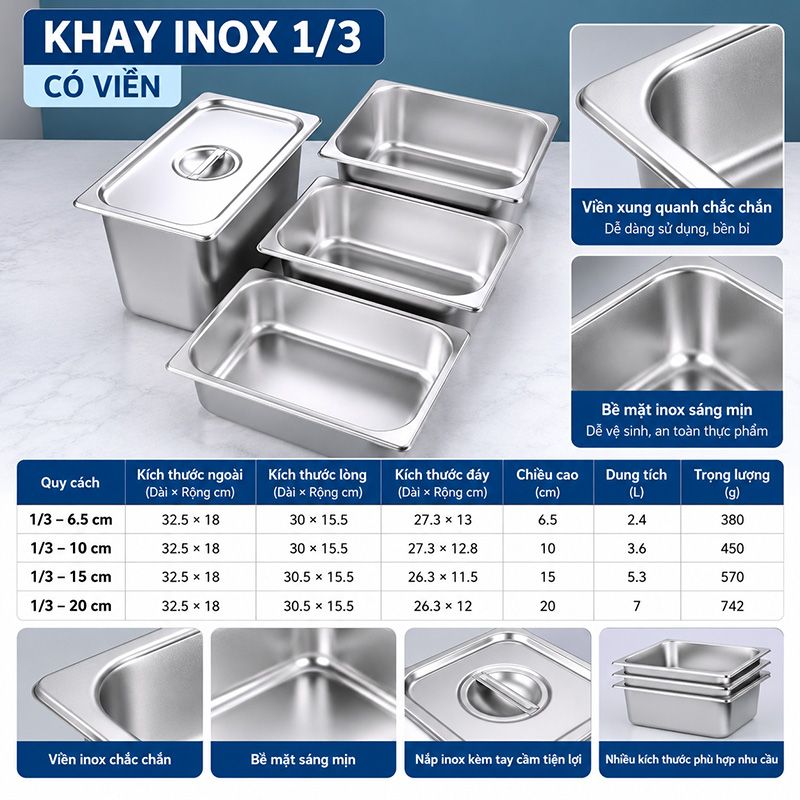 Khay Gastronorm Inox 304 Đựng Thực Phẩm Nhà Hàng Khách Sạn