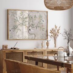 Tranh Treo Tường Khung Gỗ Vintage Abstract Birds Crane