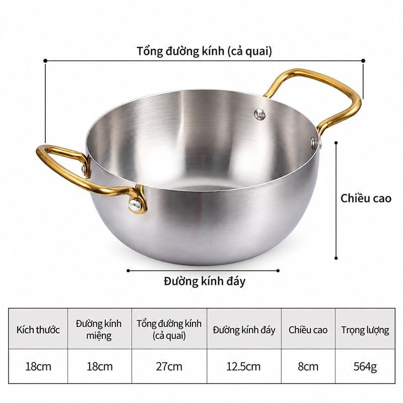 Nồi Inox 2 Quai Mini Nấu Lẩu Mì Cá Nhân Nhà Hàng