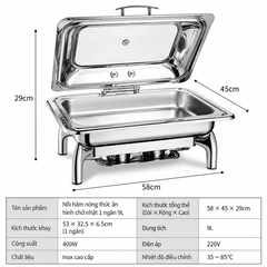 Nồi Hâm Buffet Điện Inox Nắp Thủy Lực Chữ Nhật 9L