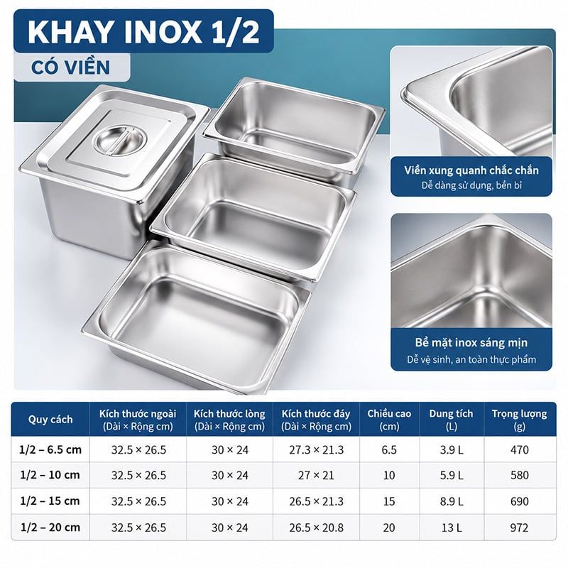 Khay Gastronorm Inox 304 Đựng Thực Phẩm Nhà Hàng Khách Sạn