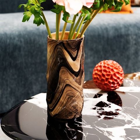 Bình Hoa Thủy Tinh Nghệ Thuật Vân Đá Marble Nâu Khói