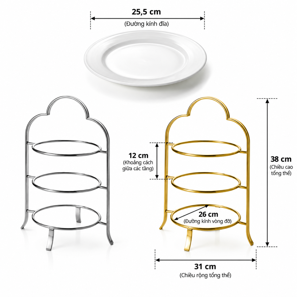 Kệ Trưng Bày Bánh Buffet 3 Tầng Khung Inox Kèm Đĩa Sứ