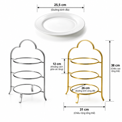 Kệ Trưng Bày Bánh Buffet 3 Tầng Khung Inox Kèm Đĩa Sứ