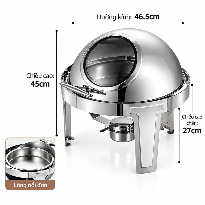 Nồi Hâm Buffet Inox Nắp Kính Giữ Nóng Thức Ăn