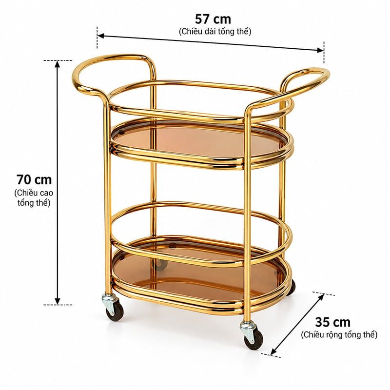 Xe Đẩy Phục Vụ Rượu Đồ Uống 2 Tầng Inox Có Bánh Xe