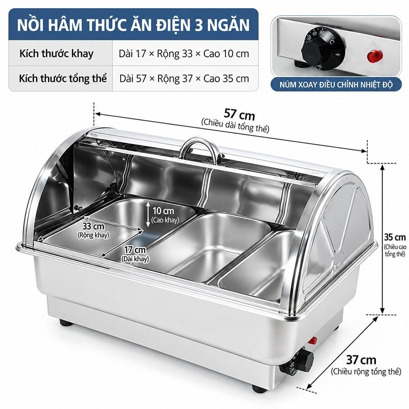 Khay Hâm Nóng Thức Ăn Buffet Điện Inox Có Nắp