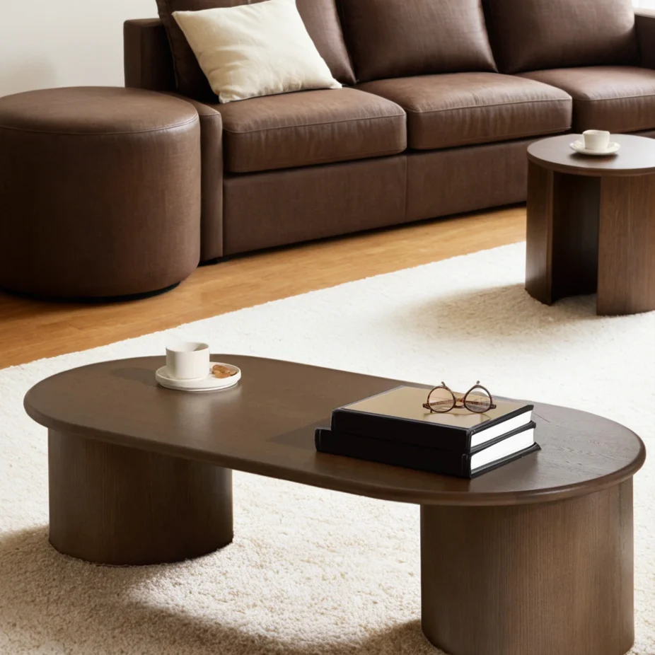 Bàn Trà Hiện Đại Oval Màu Gỗ Chân Trụ Nora