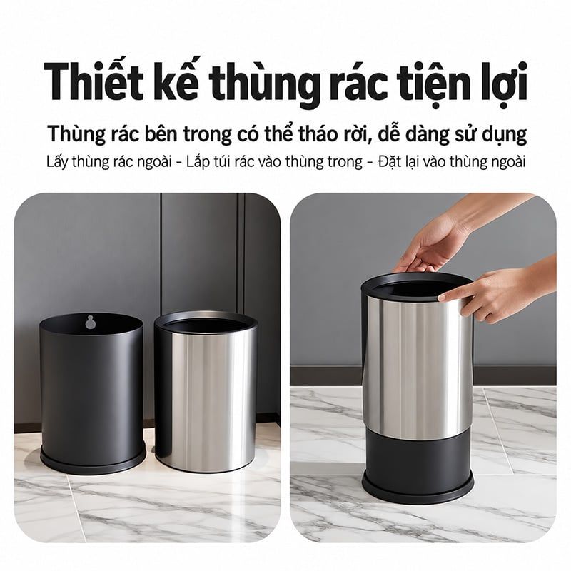 Thùng Rác Inox 2 Lớp Không Nắp Cho Khách Sạn