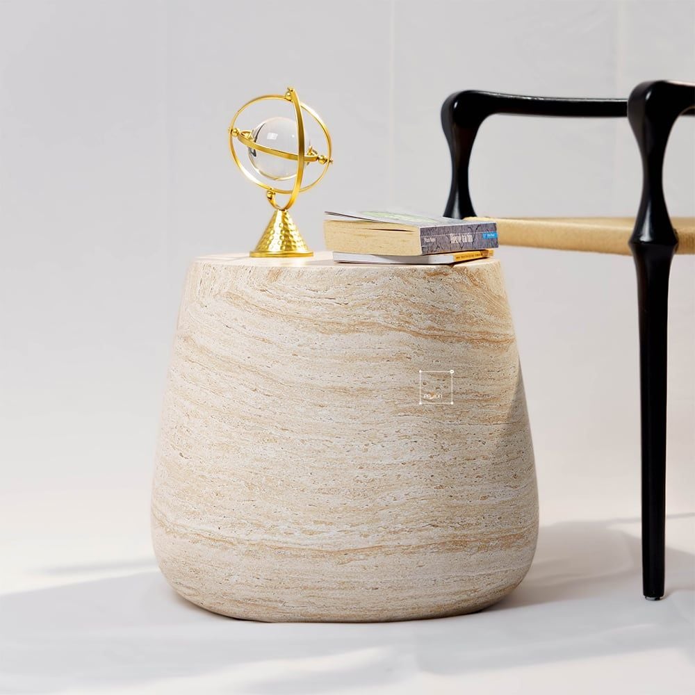 Bàn Phụ Hình Trụ Tròn Giả Đá Travertine Pha Đỏ Nâu