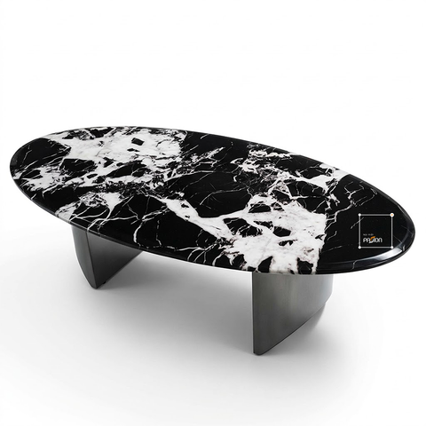 Bàn Trà Oval Mặt Đá Cẩm Thạch Đen Vân Mây Luxury