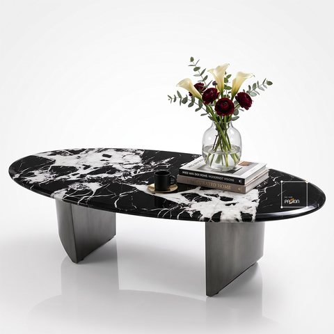Bàn Trà Oval Mặt Đá Cẩm Thạch Đen Vân Mây Luxury