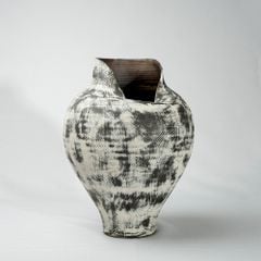 Bình Hoa Gốm Sứ Tông Xám Vân Sọc Phong Cách Wabi Sabi Miệng Cong