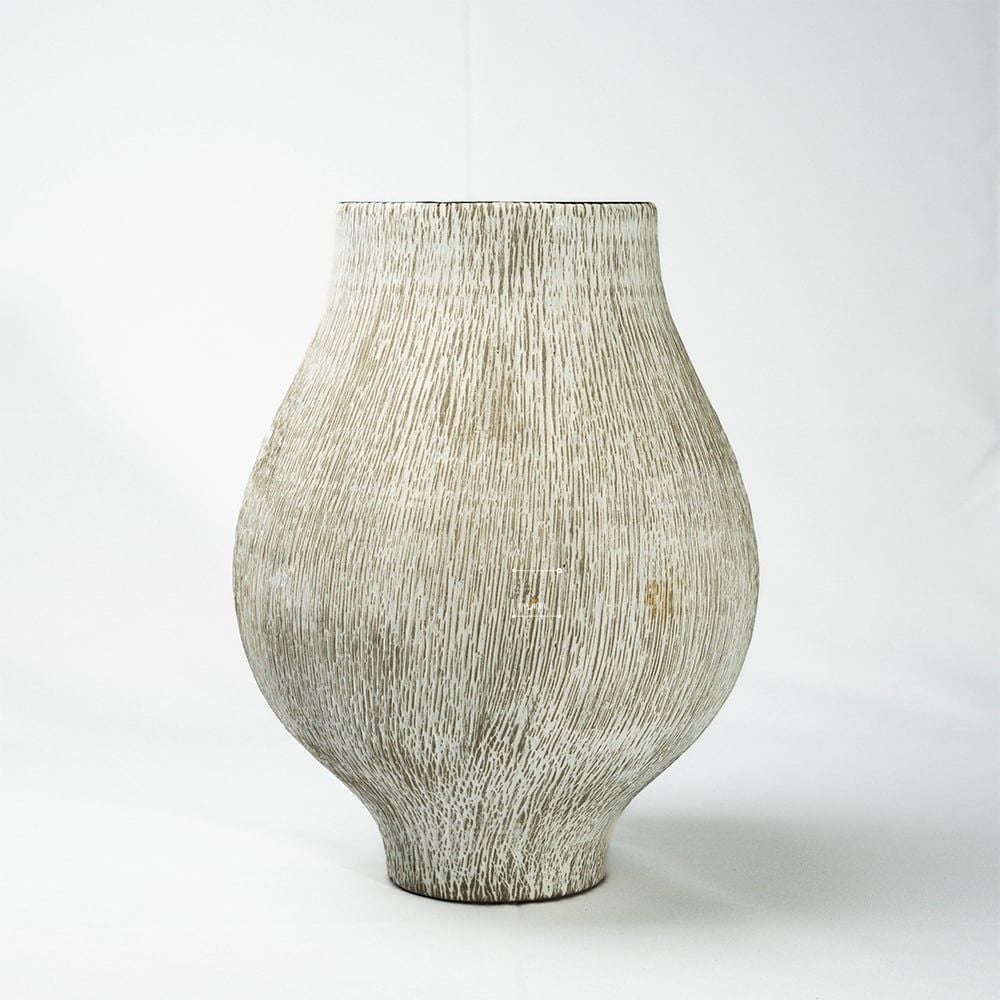 Bình Hoa Gốm Sứ Tông Xám Vân Sọc Phong Cách Wabi Sabi Miệng Cong