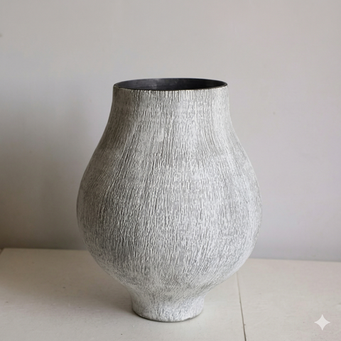 Bình Hoa Gốm Sứ Tông Xám Vân Sọc Phong Cách Wabi Sabi Miệng Cong