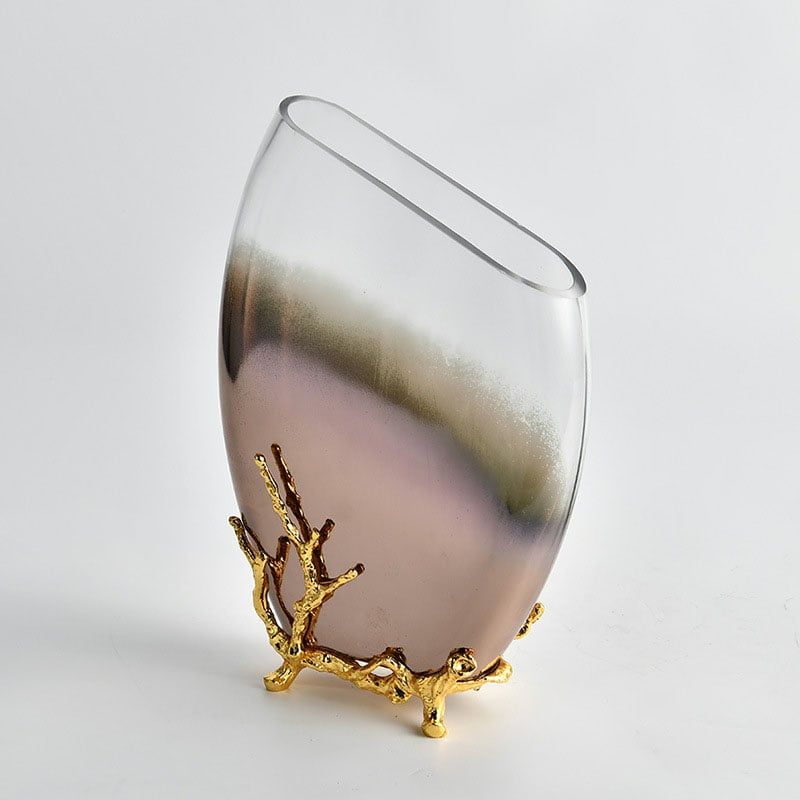 Bình Hoa Thủy Tinh Gradient Nâu Chân Đế Vàng