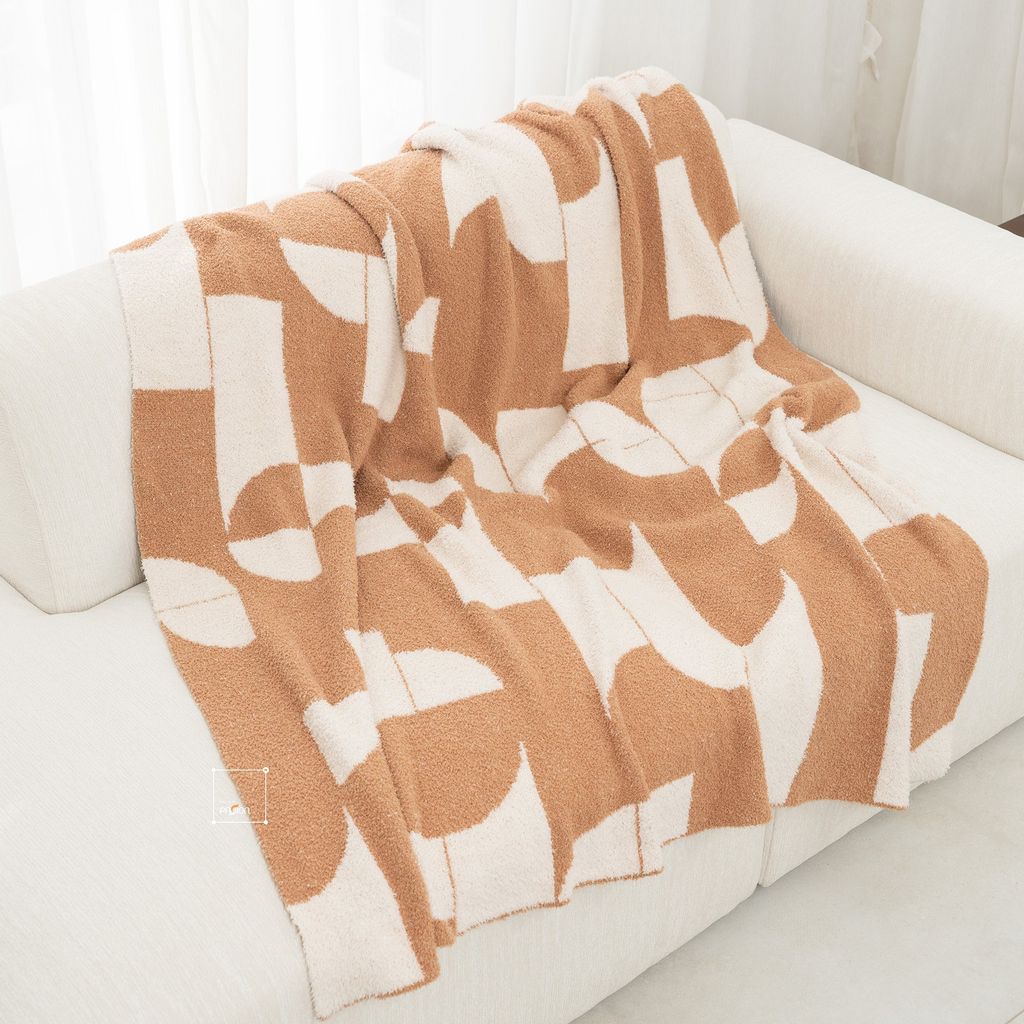 Chăn Dệt Kim Đan Len Ấm 2 Mặt Phong Cách Hình Học Be Bắc Âu