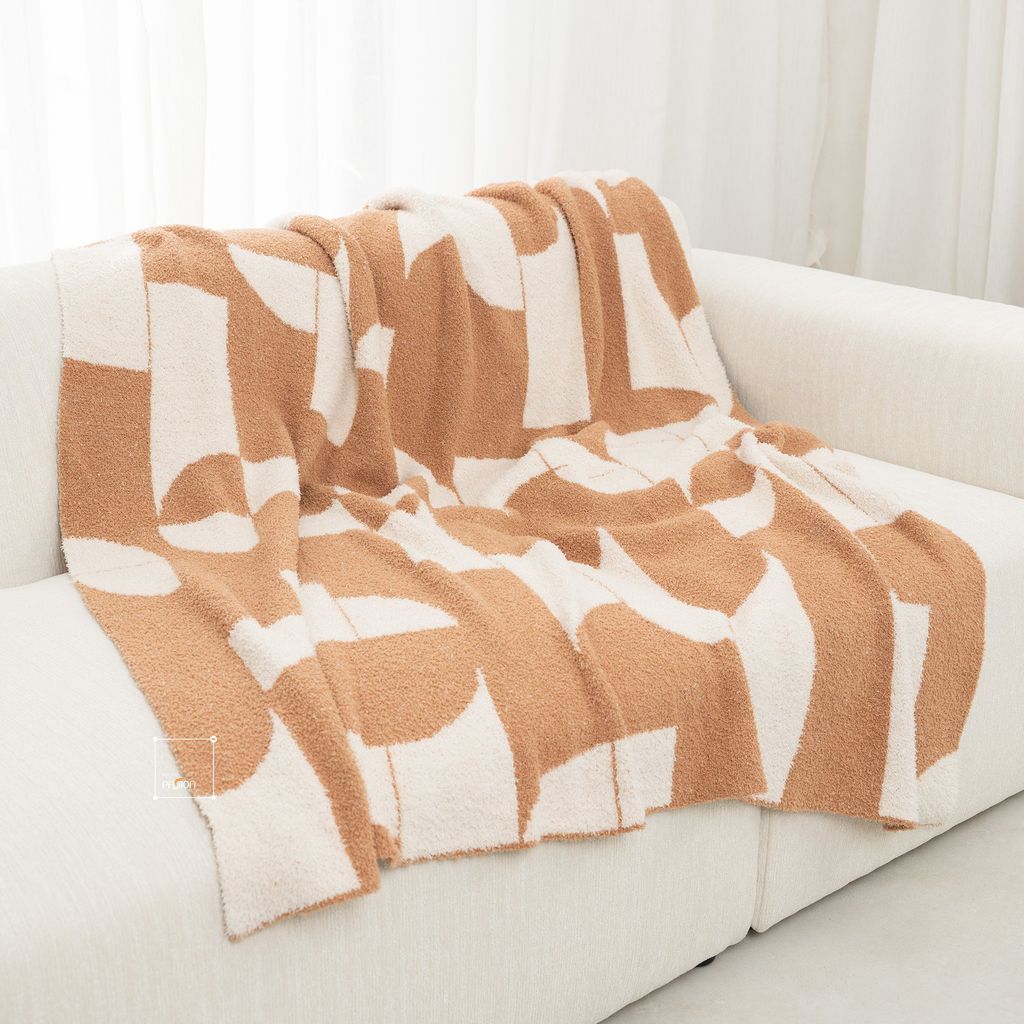 Chăn Dệt Kim Đan Len Ấm 2 Mặt Phong Cách Hình Học Be Bắc Âu