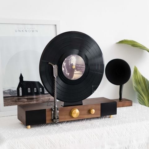 Đồ Trang Trí Đầu Đĩa Than Retro – Đế Gỗ Walnut
