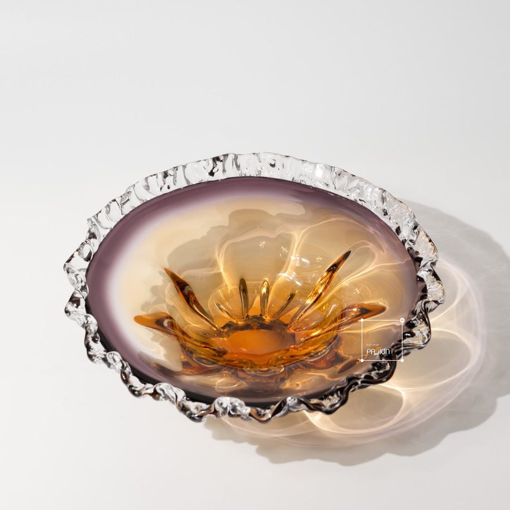 Dĩa Trang Trí Thủy Tinh Pha Lê Màu Tím Pha Vàng Hình Hoa Xoắn