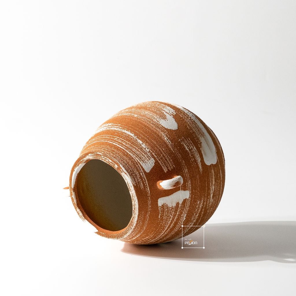 Bình Hoa Gốm Thô Phong Cách Wabi Sabi Nâu Sọc Trắng