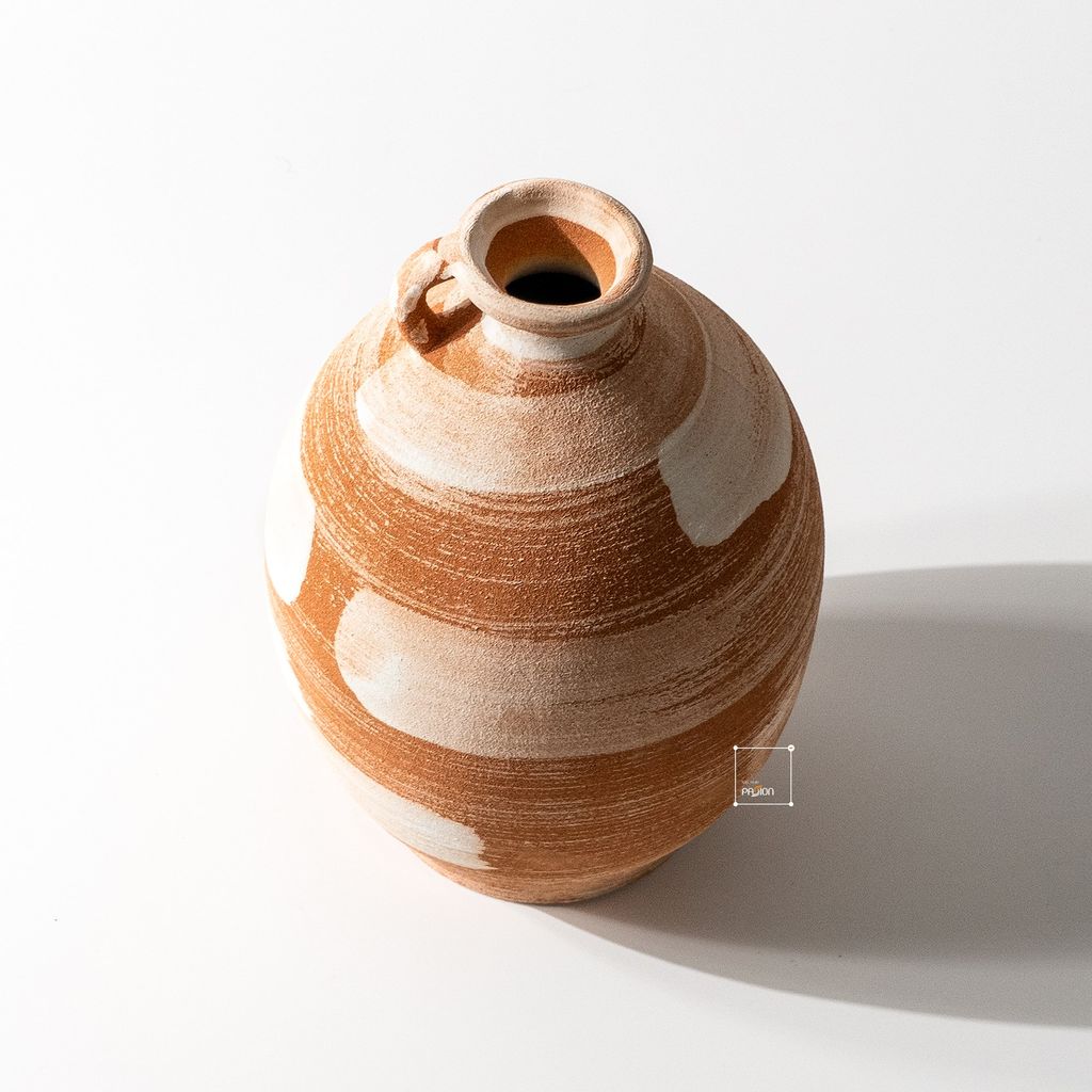 Bình Hoa Gốm Thô Phong Cách Wabi Sabi Nâu Sọc Trắng