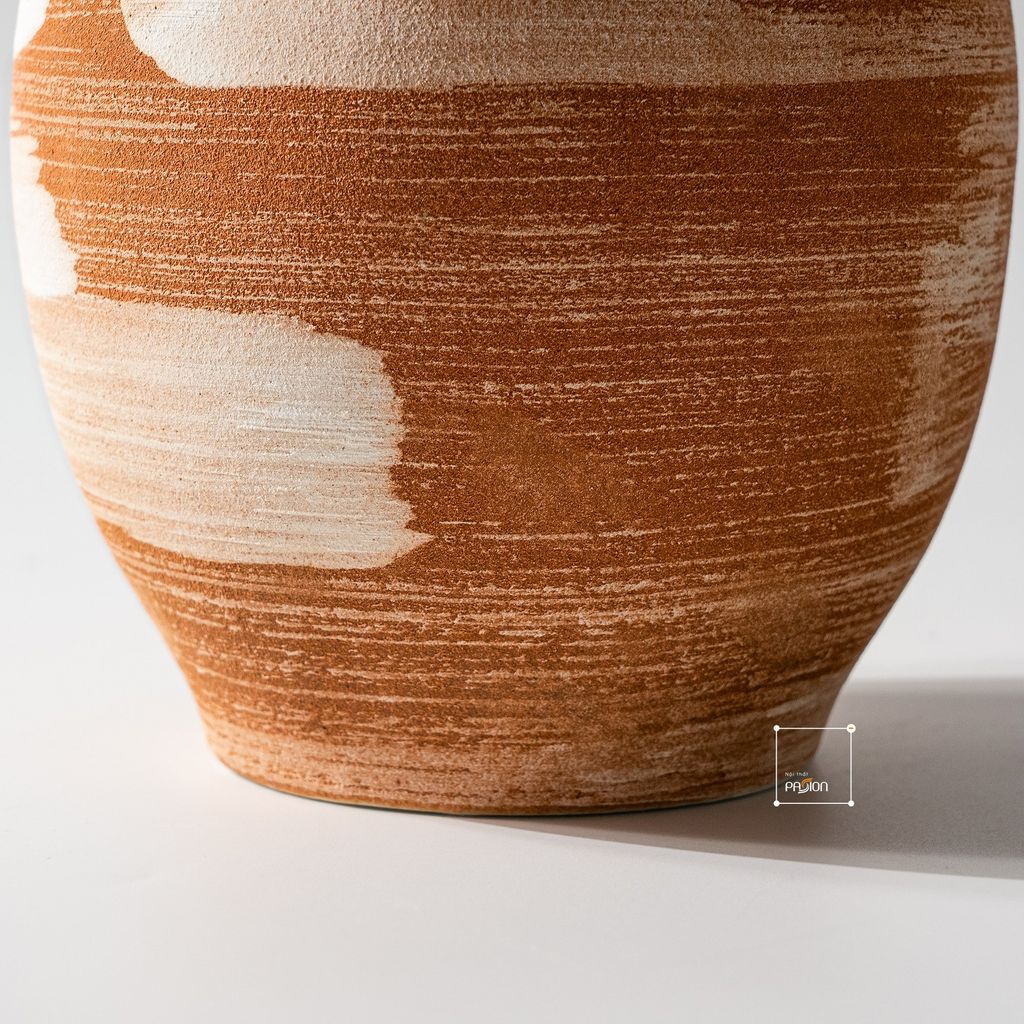 Bình Hoa Gốm Thô Phong Cách Wabi Sabi Nâu Sọc Trắng