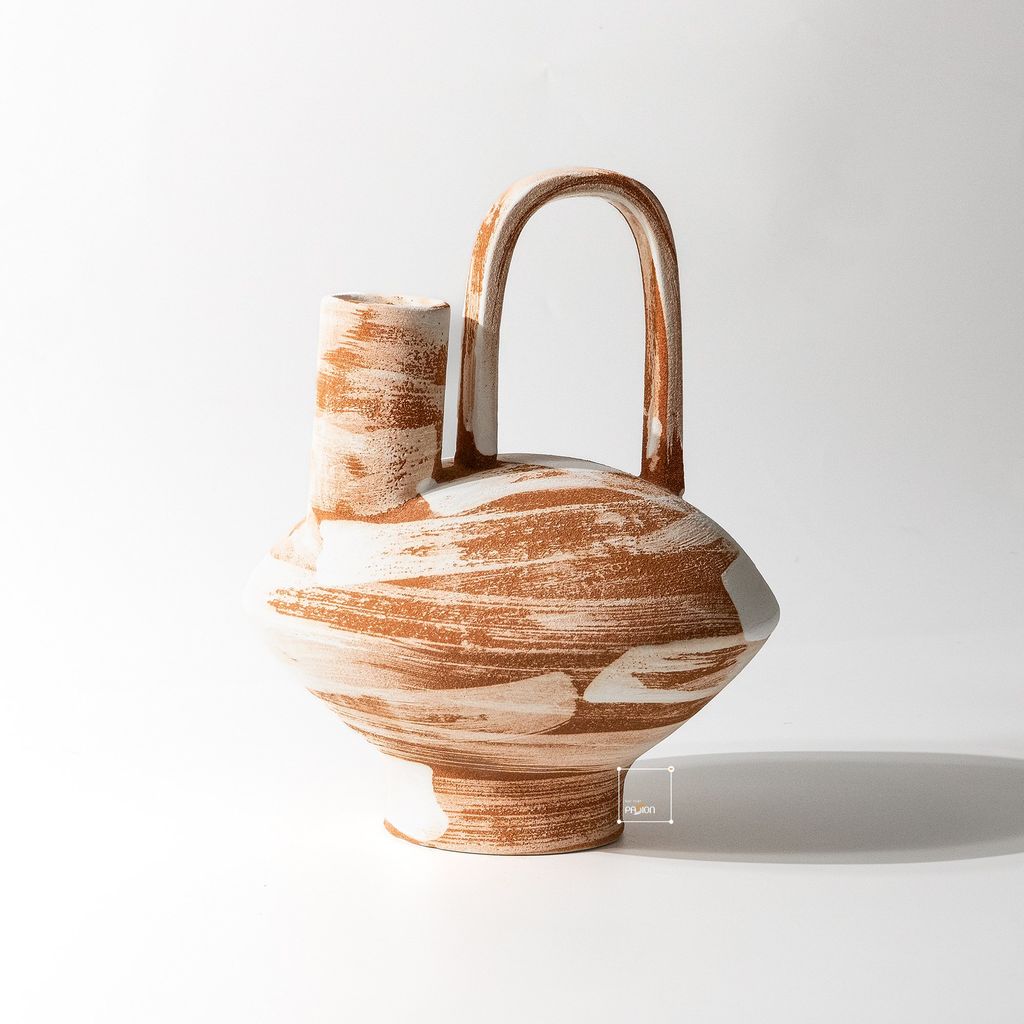 Bình Hoa Gốm Thô Phong Cách Wabi Sabi Nâu Sọc Trắng