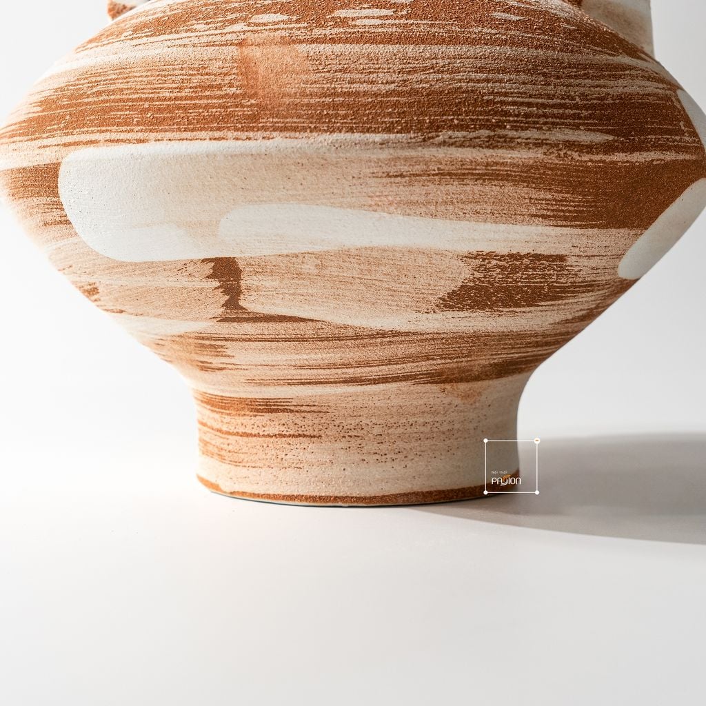 Bình Hoa Gốm Thô Phong Cách Wabi Sabi Nâu Sọc Trắng