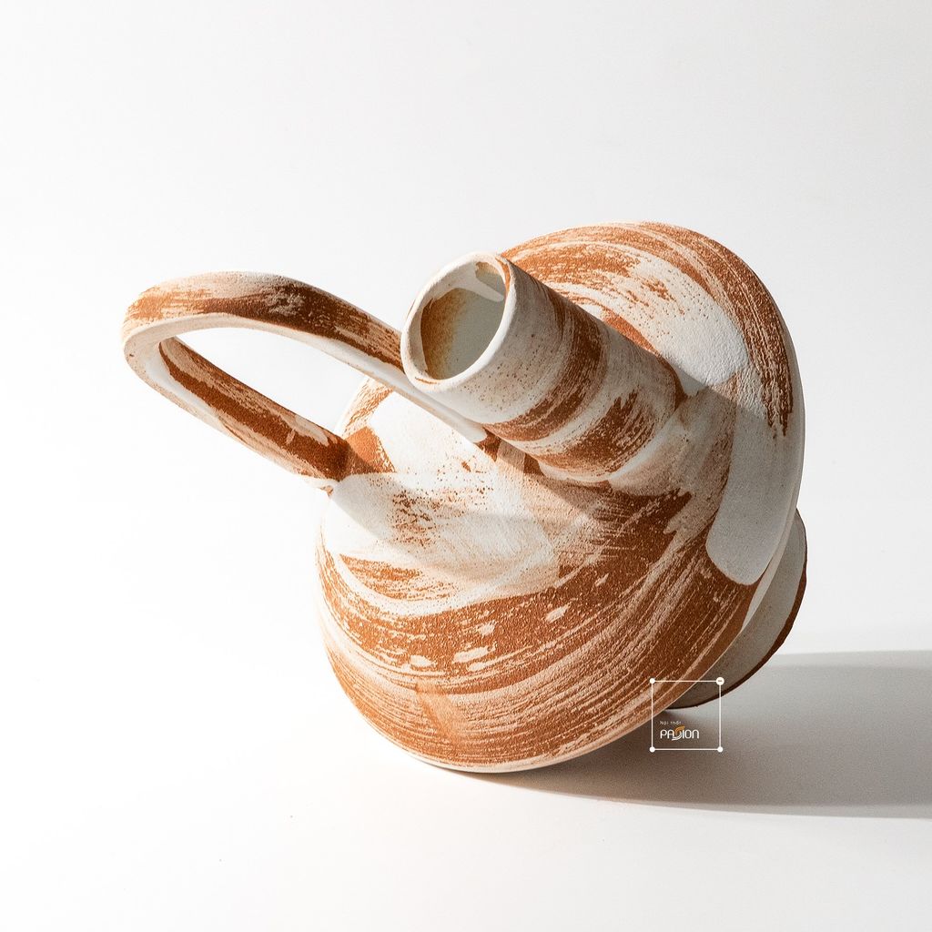 Bình Hoa Gốm Thô Phong Cách Wabi Sabi Nâu Sọc Trắng