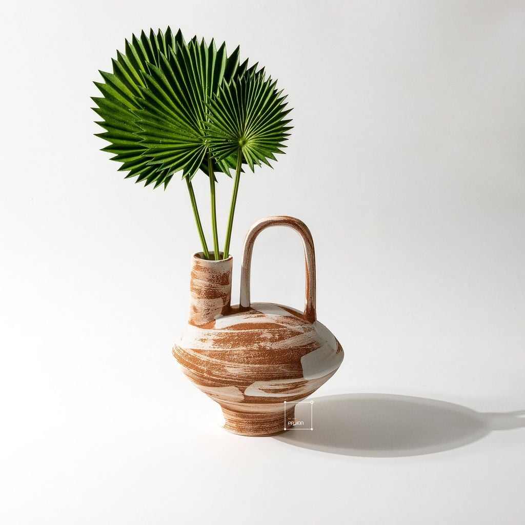 Bình Hoa Gốm Thô Phong Cách Wabi Sabi Nâu Sọc Trắng