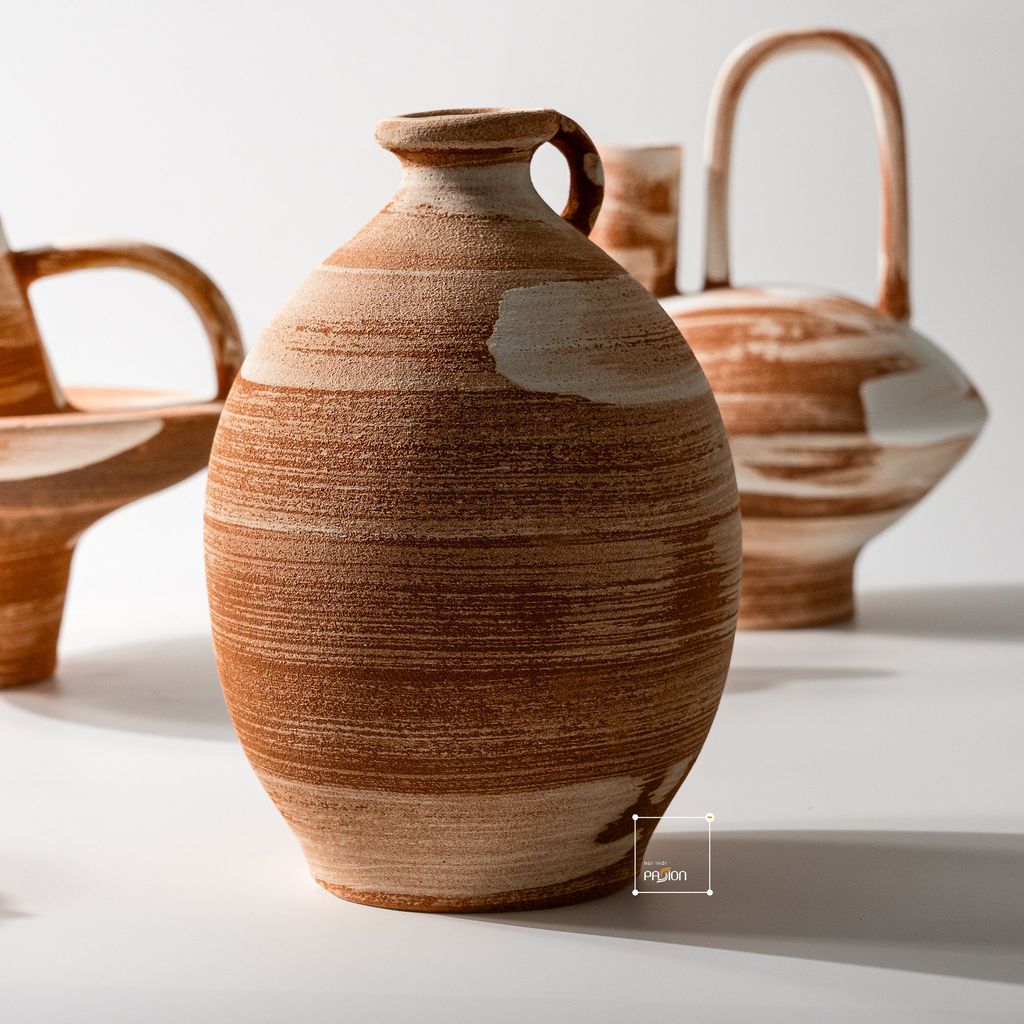 Bình Hoa Gốm Thô Phong Cách Wabi Sabi Nâu Sọc Trắng