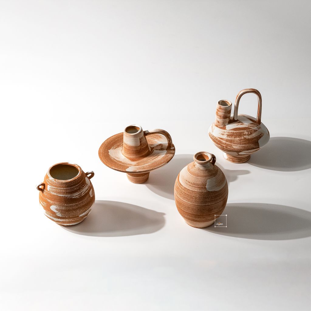 Bình Hoa Gốm Thô Phong Cách Wabi Sabi Nâu Sọc Trắng