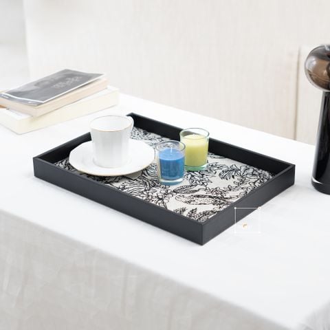 Khay Vuông Trang Trí Bằng Gỗ Phối Da Lanh Hình Hoa Monochrome