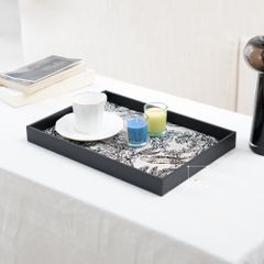 Khay Vuông Trang Trí Bằng Gỗ Phối Da Lanh Hình Hoa Monochrome