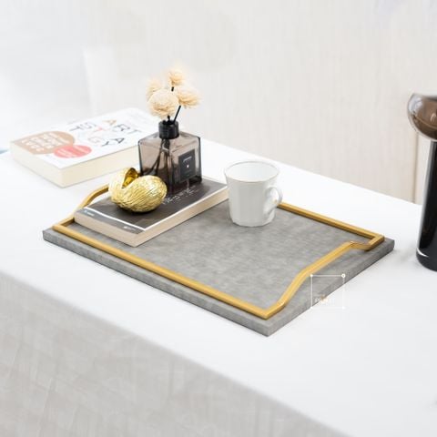 Khay Decor Bện Da Chữ Nhật Phối Khung Kim Loại Sang Trọng