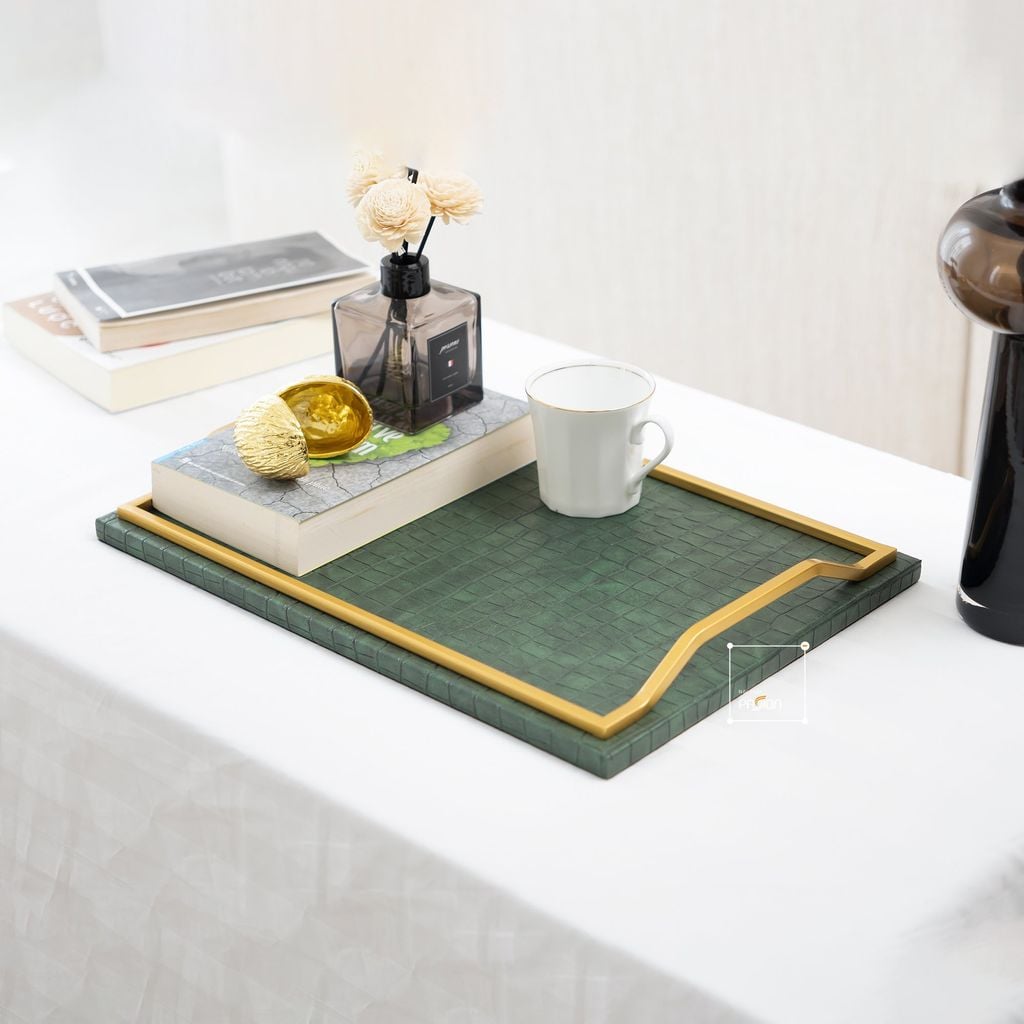 Khay Decor Bện Da Chữ Nhật Phối Khung Kim Loại Sang Trọng