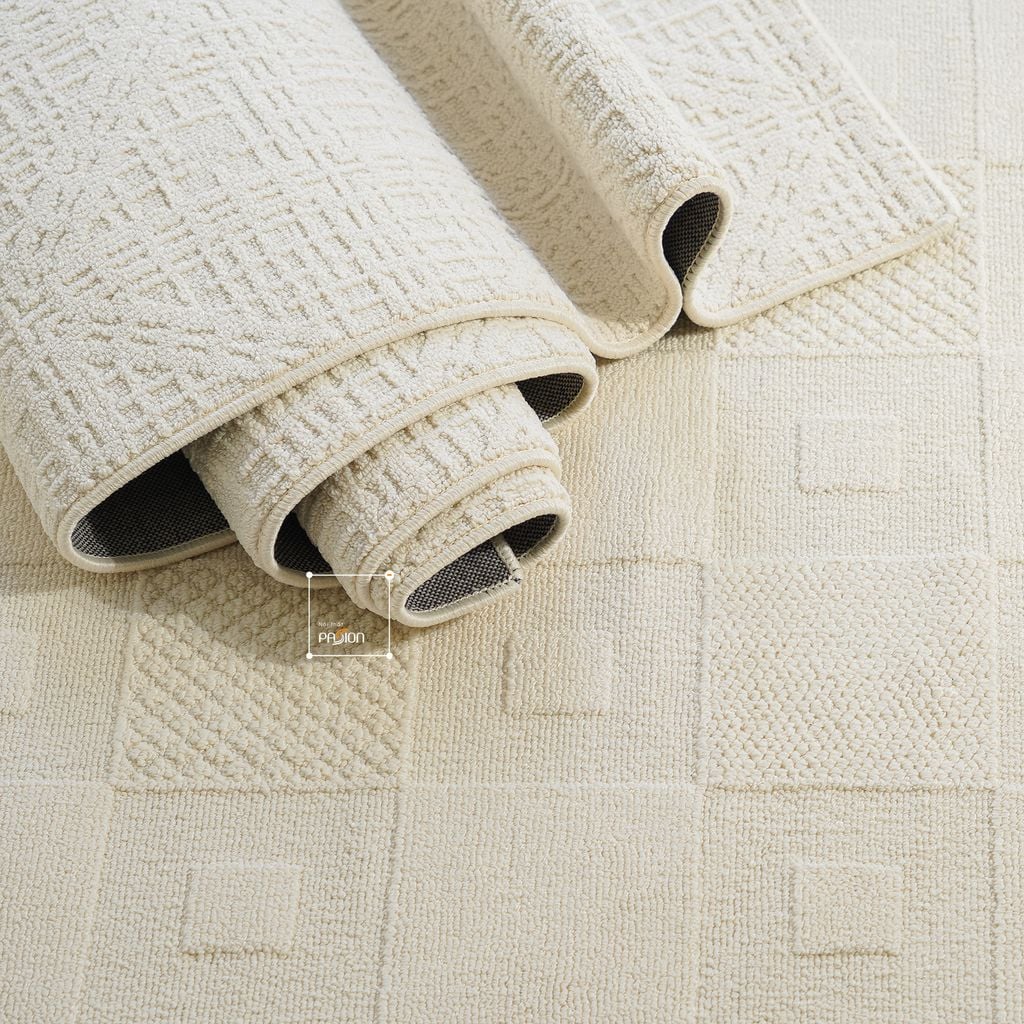 Thảm Trải Sàn Phong Cách Màu Trắng Bắc Âu Sợi Dệt Chống Thấm Caro Vuông